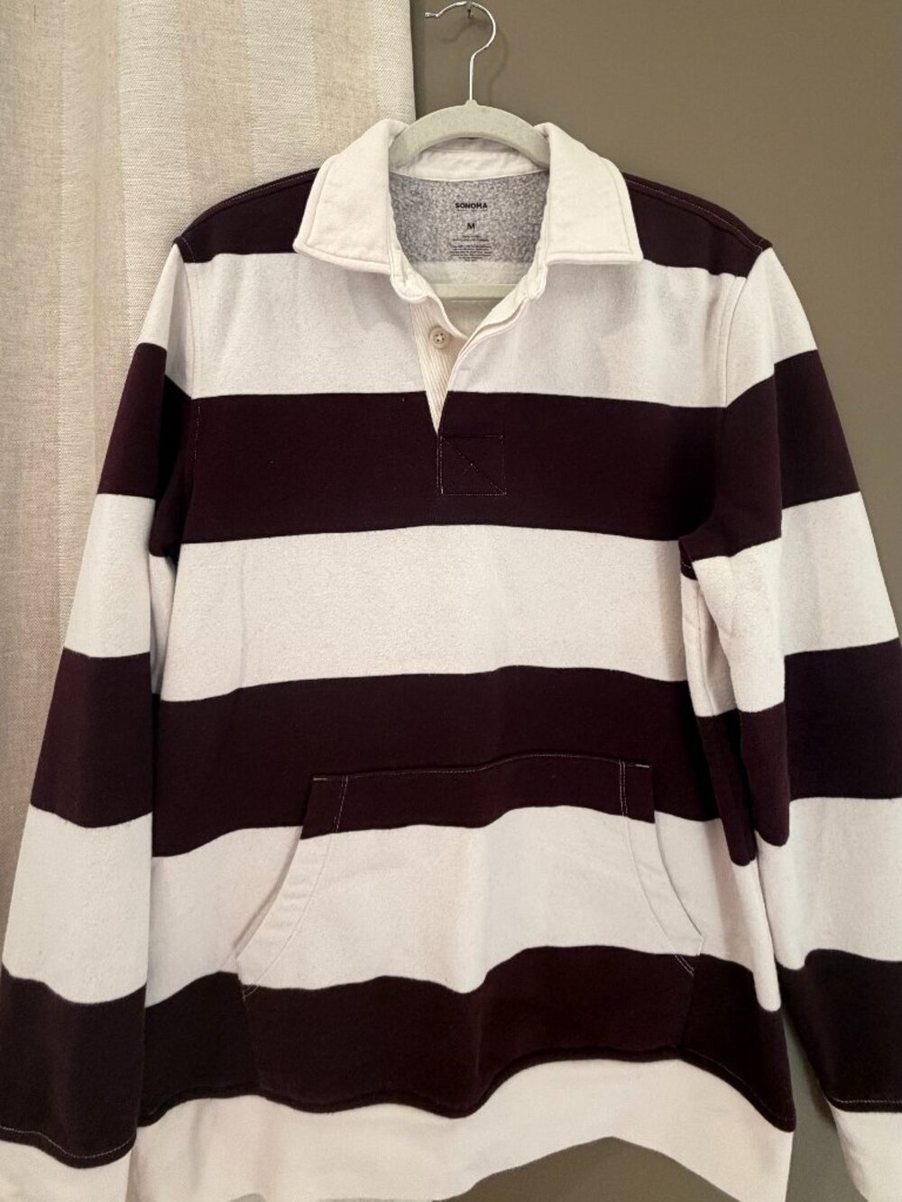 Sonoma Men's Burgundy & Cream Rugby Fleece Long Sleeve Stripe, Size Medium